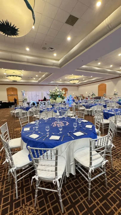 Corporate event setup with staging, catering and seating in Miami